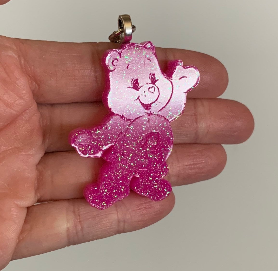 Bright pink resin Care Bear keychain Etsy