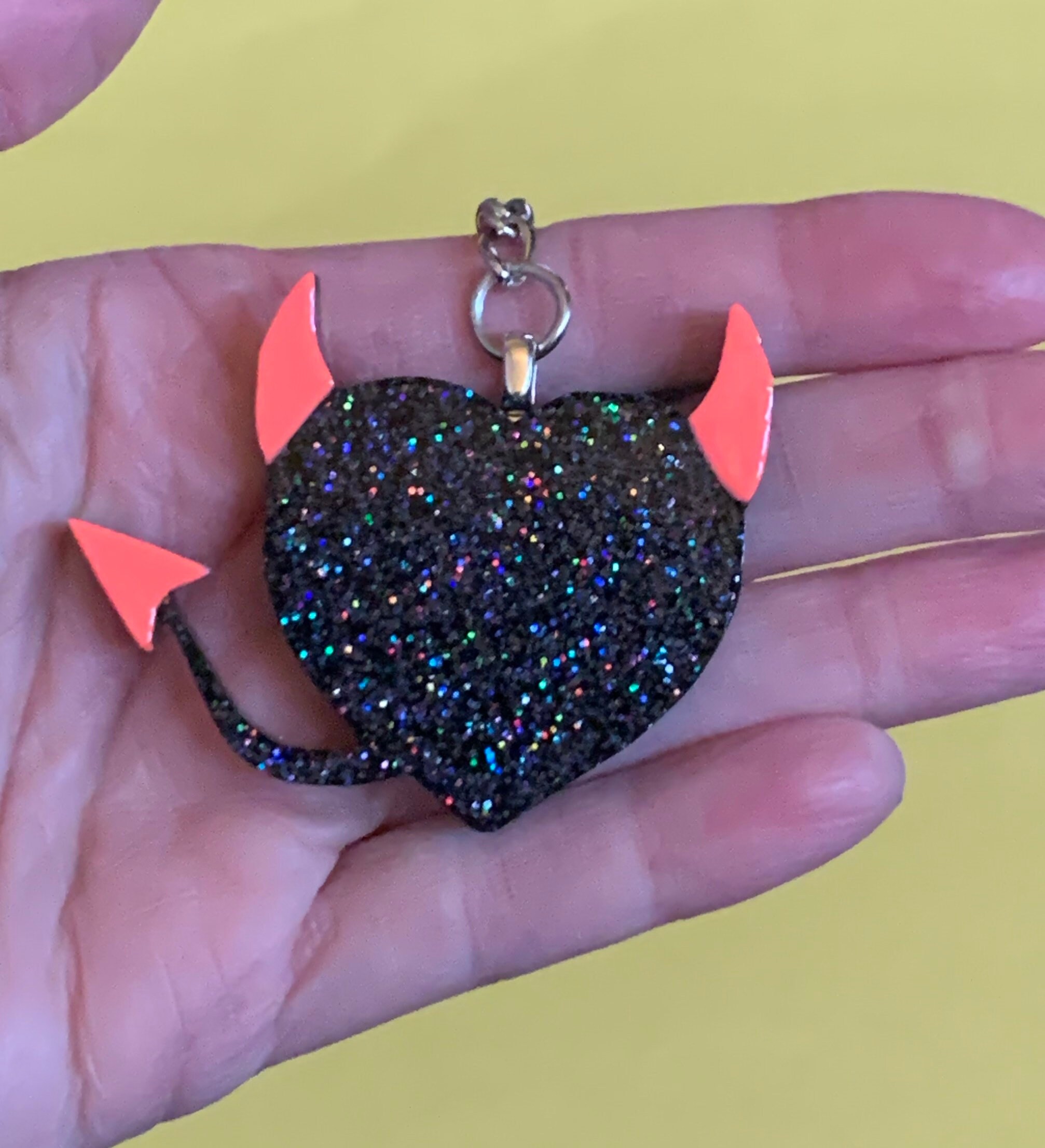 Heart with orange devil horns keychain Etsy