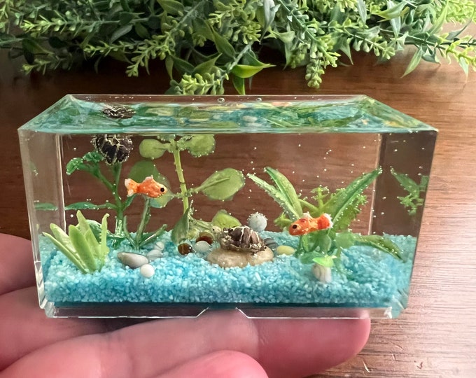 Image showcasing Miniature Aquarium With Goldfish and Turtles, Blue Gravel, 1:12 Scale ...