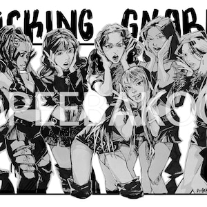 Puede incluir: Ilustración en blanco y negro que presenta siete figuras con expresiones de sorpresa. El texto "FUCKING GNARLY" está en la parte superior. Las figuras visten varios atuendos, con un diseño artístico estilizado.