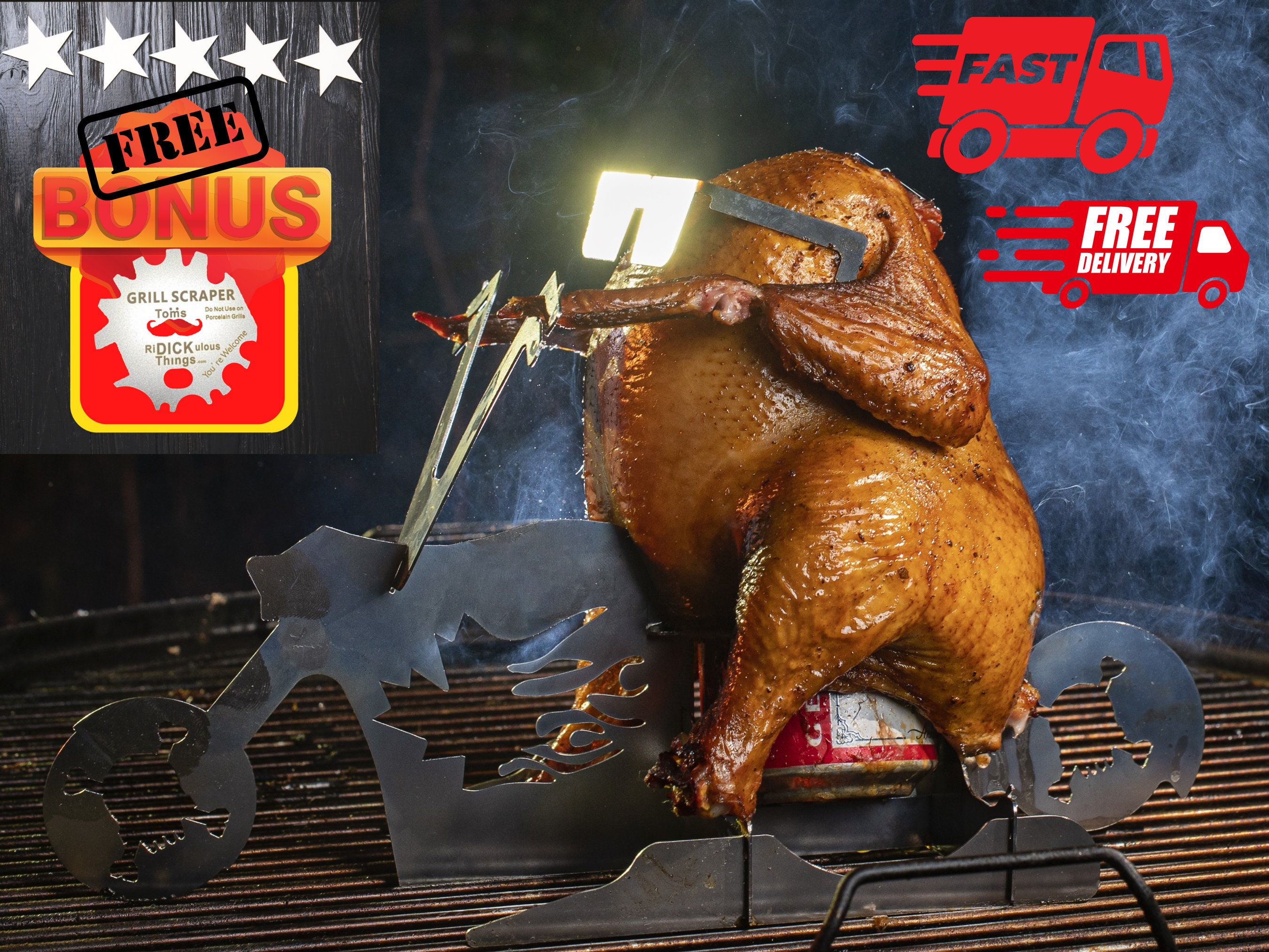 Gift for Dad! Beer Can Chicken roaster, Canadian rider, BBQ, Grill, oven roasting perfect cooking gift, hard to buy for person Father's day