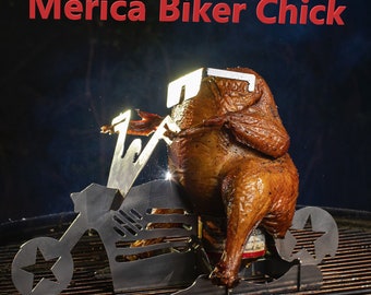 American Motorcycle Beer can chicken stand- BBQ, Grill or oven roasting, cooking utensil, portable, portable grilling gift. Backyard party