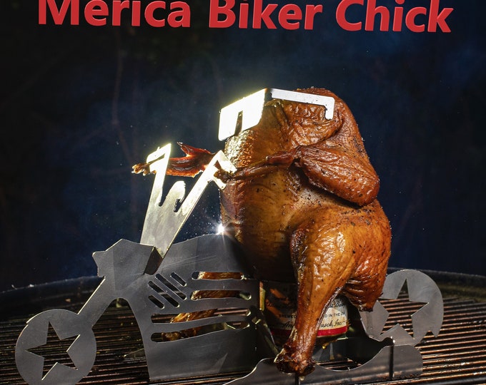 Perfect Gift! American Beer Can Chicken Stand Motorcycle, for BBQ, Grill or oven. fathers day and summer fun. Family fun!