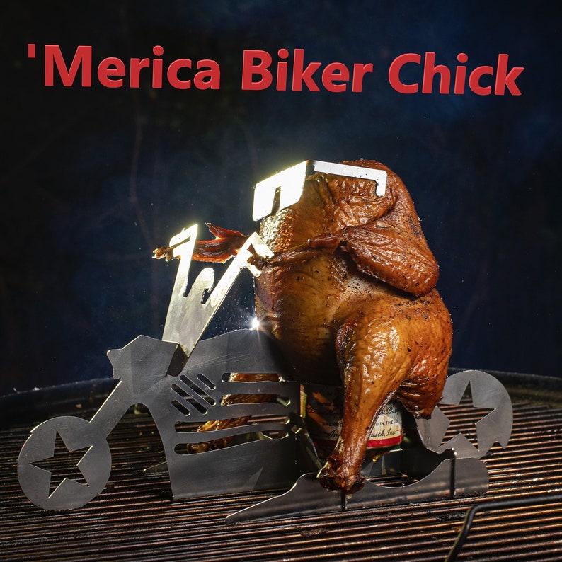 American Motorcycle Beer can chicken stand- BBQ, Grill or oven roasting, cooking utensil, portable, portable grilling gift. Backyard party