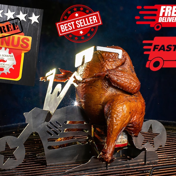 Beer can chicken stand- American motorcycle BBQ, Grill or oven roasting, cooking utensil, tailgating, gift for him and her