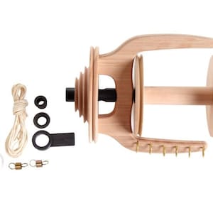 May include: A wooden spinning wheel with a natural finish. The wheel has a spindle, a whorl, and a flyer. It also includes a set of accessories, such as a hook, a bobbin, and a winder.