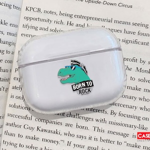 T-Rex with &quot;Born to rock&quot; lettering AirPods case dino apple airpod iroquois cute gift t-rex with iroquois rock airpod cases