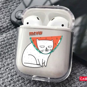 White grumpy cat with watermelon slice on his head AirPods case line art friends white cat airpods watermelon slice watermelon soft case