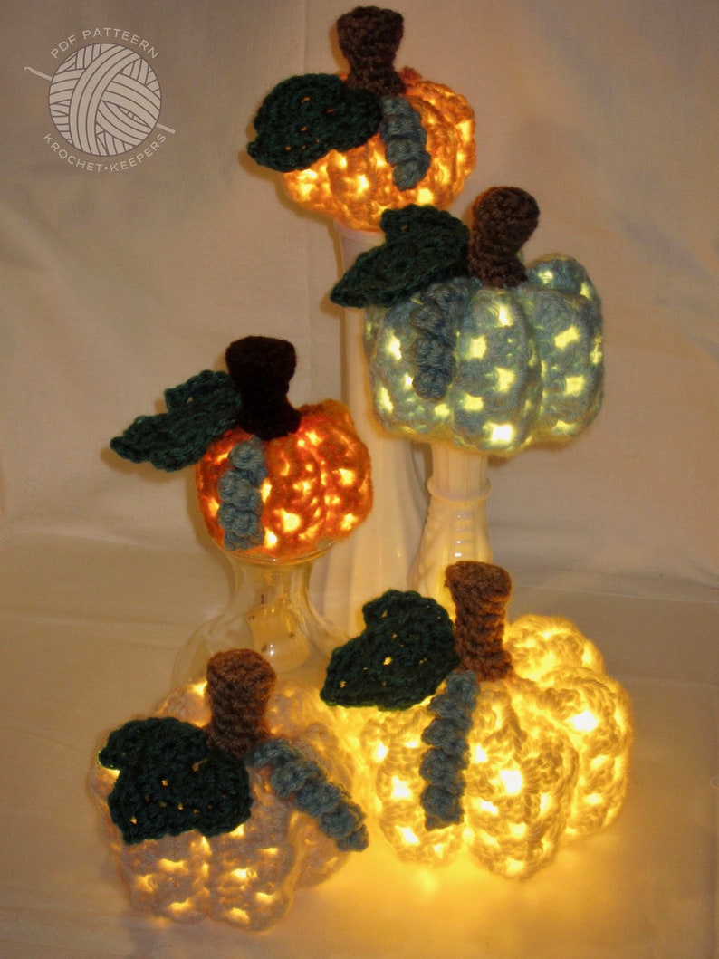 Lighted Granny Pumpkins 3 sizes CROCHET PATTERN pdf download Rustic Farmhouse Pumpkins Holiday Ornament Decoration DIY Decor image 7