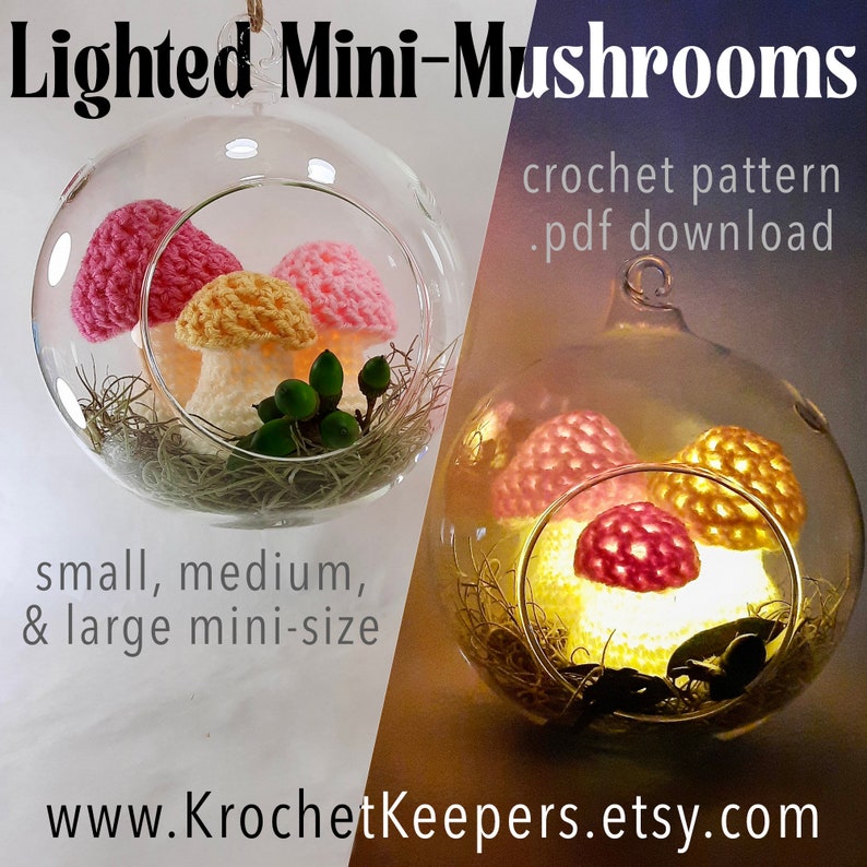 Quick & easy "Lighted Mini-Mushrooms" crochet pattern in 3 sizes