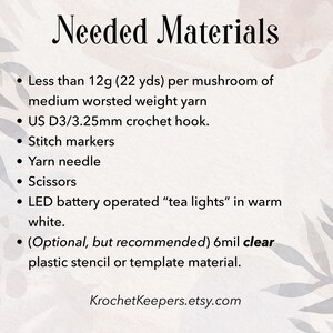 May include: Image listing materials needed for a crochet project. Text reads "Needed Materials" followed by a list including yarn, a crochet hook, stitch markers, a yarn needle, scissors, LED tea lights, and a clear plastic stencil. The website KrochetKeepers.etsy.com is also listed.