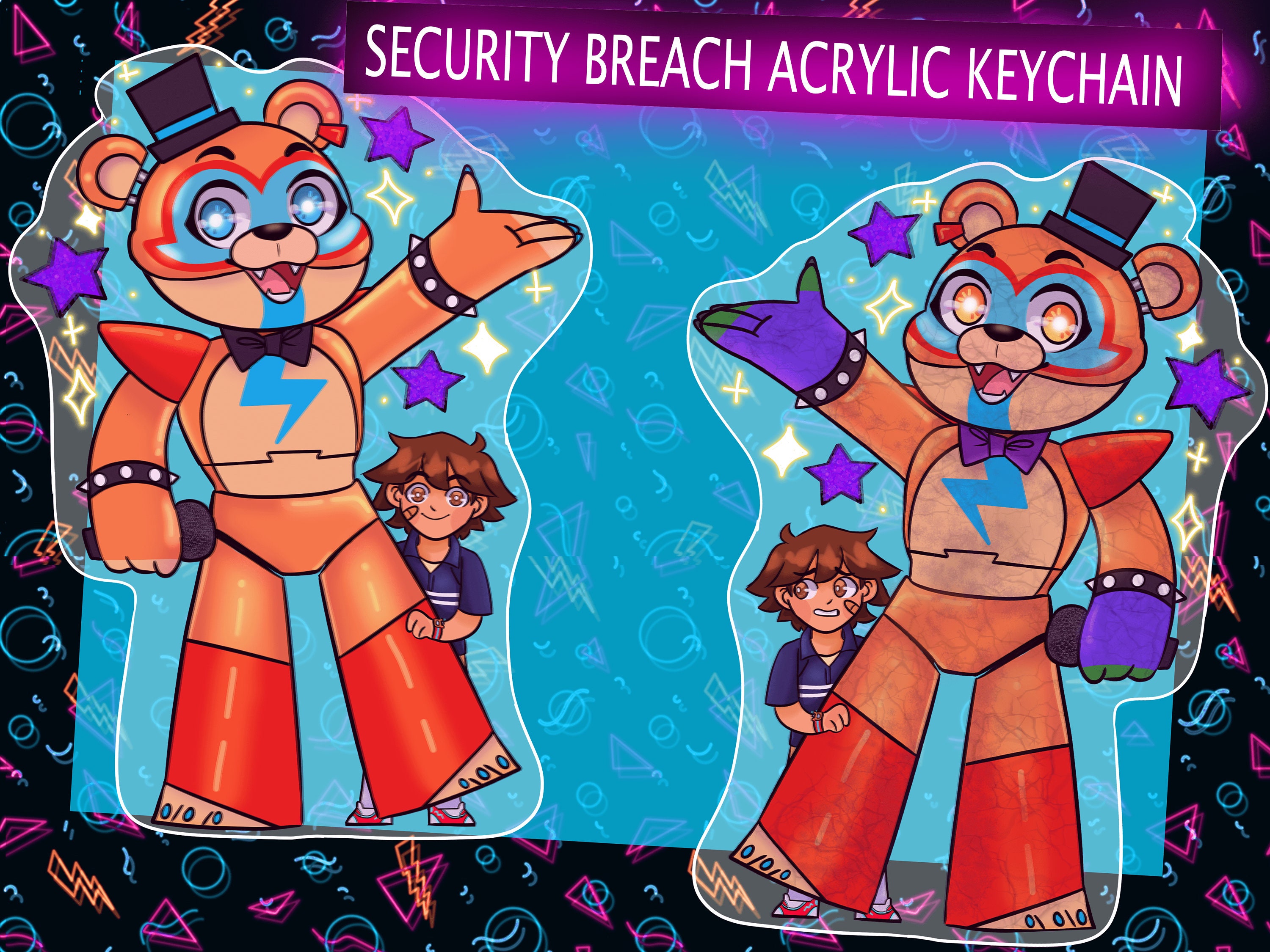 Glamrock Freddy and Gregory Acrylic Charm Security Breach L 