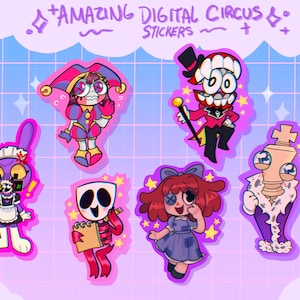 May include: A selection of cartoon stickers from the "Amazing Digital Circus." The stickers depict a jester, a rabbit in a maid outfit, a character with a top hat, a character with a blank face, a girl in a blue dress, and a chess piece.