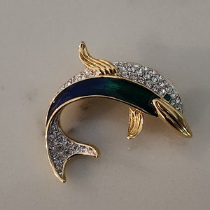 Vintage Cloisonné Swarovski Dolphin Brooch Pin