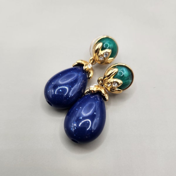 Vintage gold tone faux lapis faux malachite rhinestone tear drop dangle earrings