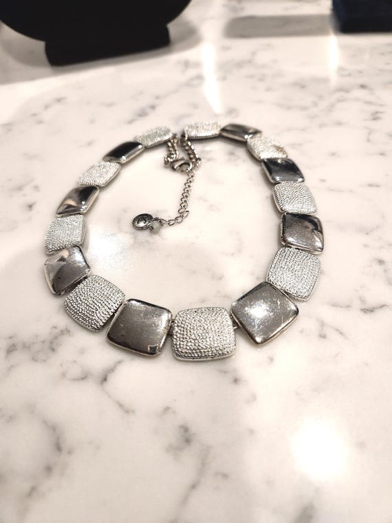 Vintage Silver Tone Rectangular Chunks Choker Nec… - image 1
