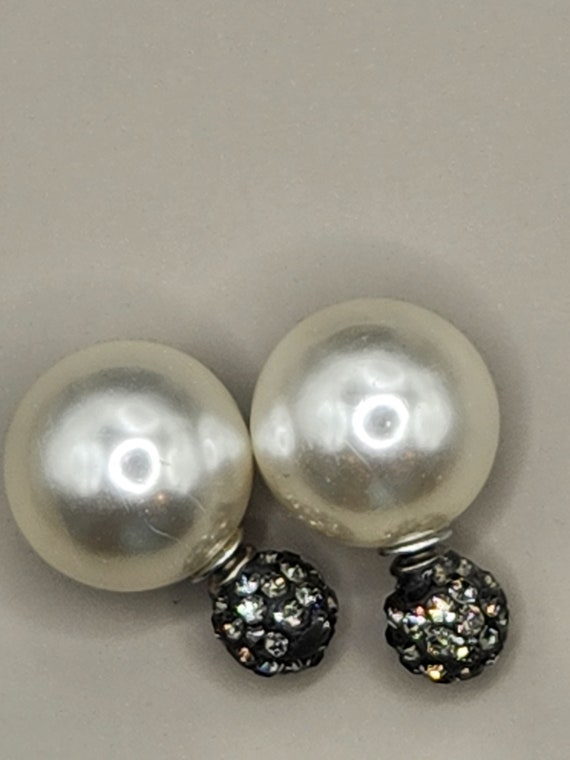 Vintage large Faux Pearl stud earrings with rhine… - image 2