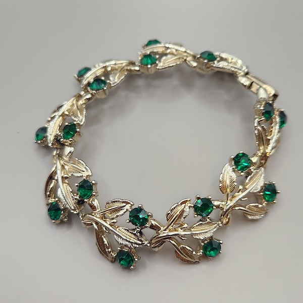 Vintage Coro Gold Tone Emerald Rhinestones Leaf Bracelet