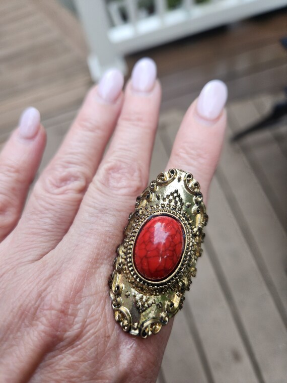 Antique Brass Statement Ring with Red Howlite - image 3