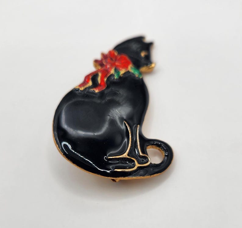 Vintage VERO Black Enamel Cat Brooch With Red Ribbon - Etsy