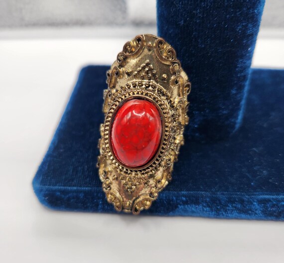 Antique Brass Statement Ring with Red Howlite - image 1