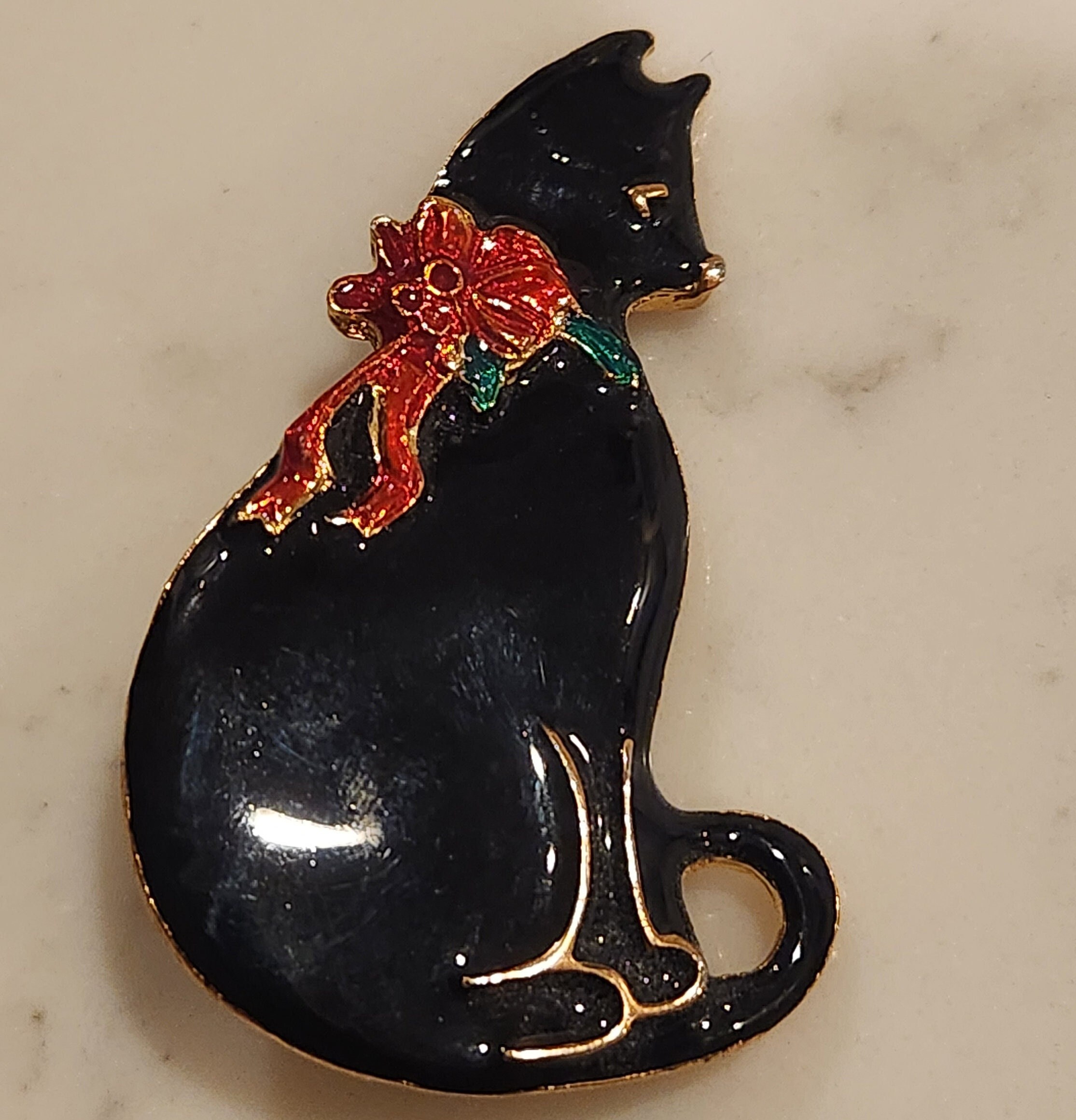 Vintage VERO Black Enamel Cat Brooch With Red Ribbon - Etsy