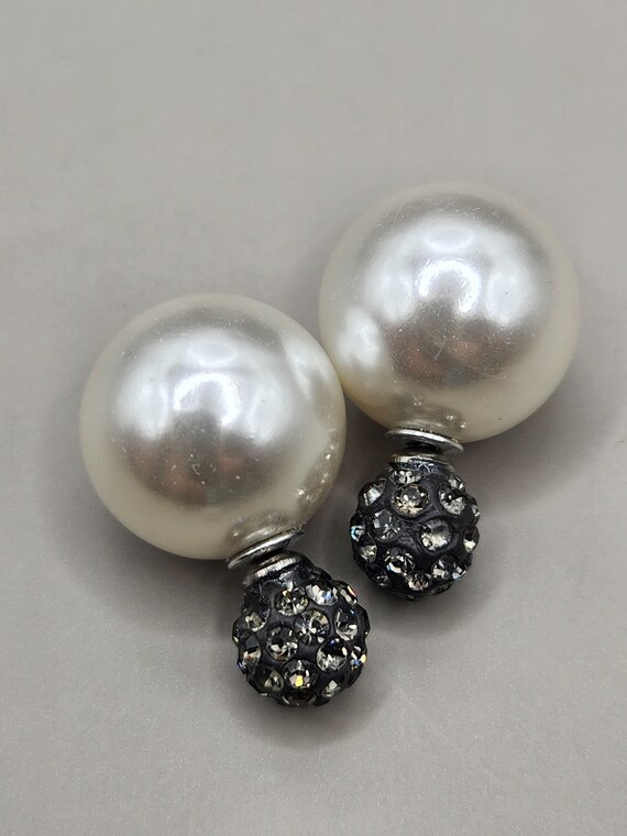 Vintage large Faux Pearl stud earrings with rhine… - image 3