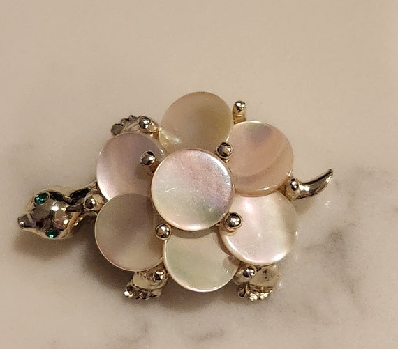 Broche Tortue Argent 925 Incrustée De Nacre - Bijou Ancien Vintage - Occasion - Modèle D8