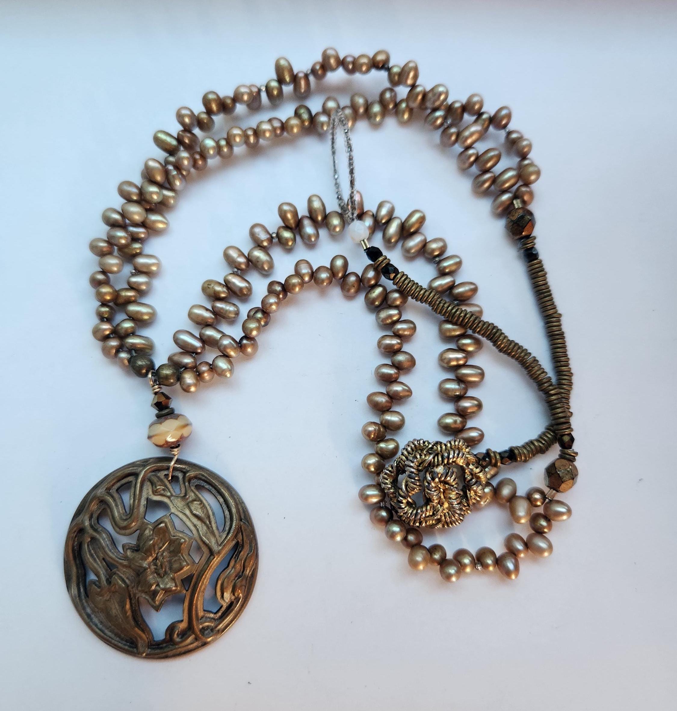 Collier Vintage Perles De Culture Turquoise Et Strass - Très Bon état - Bijou Nacré Et Pierre Ancien