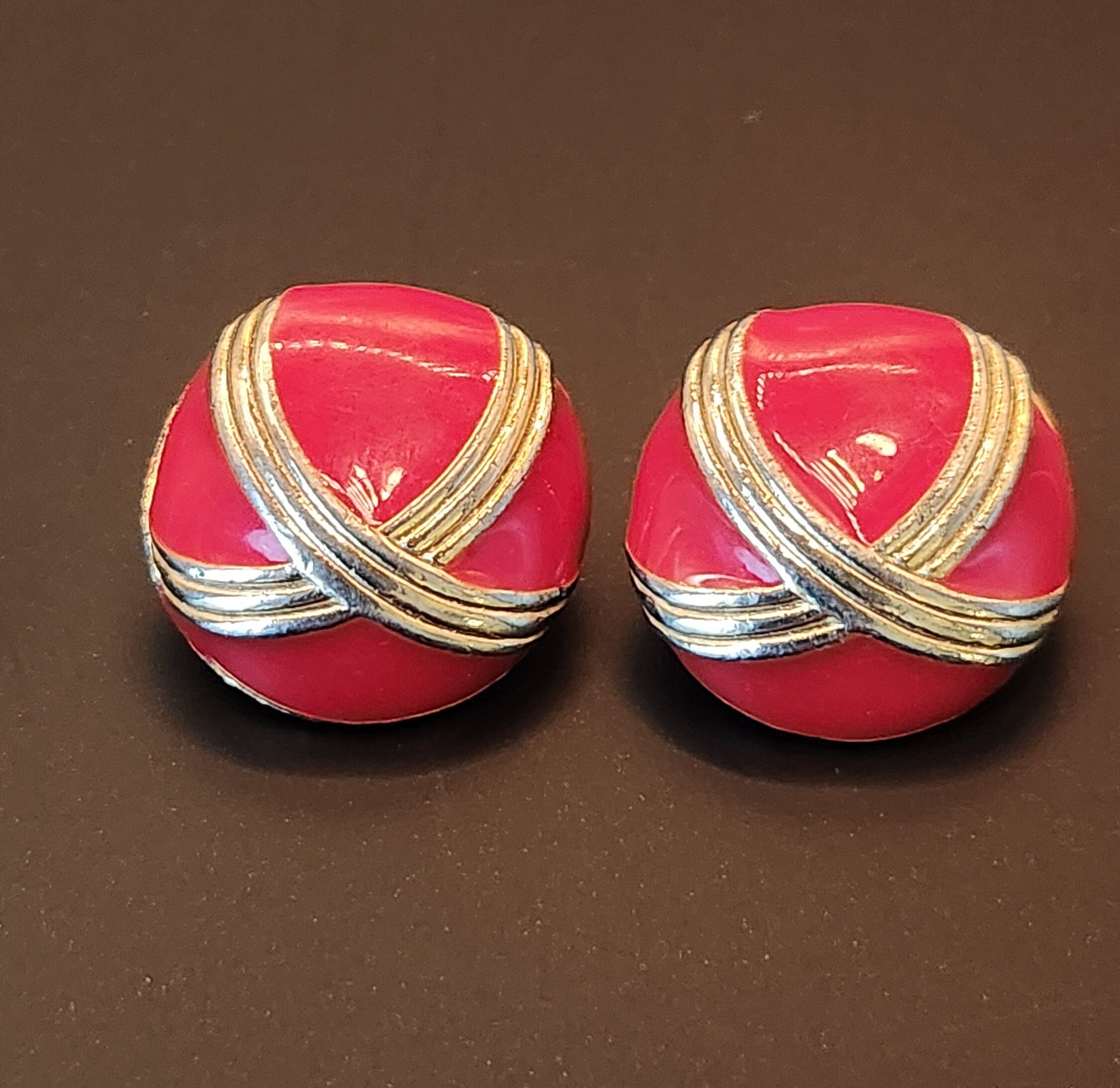 Boucles D'oreilles Clips Vintage Doré Et Rouge - Très Bon état (TBE) - Fantaisie