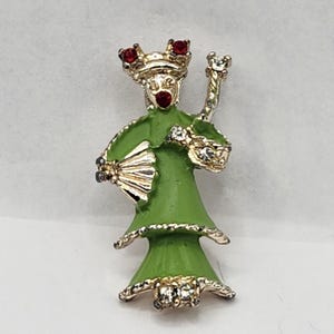 Vintage Geisha Brooch: Gold Tone Enamel Pin with Rhinestones