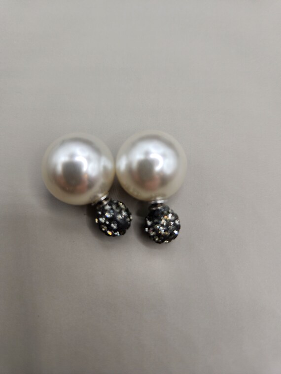 Vintage large Faux Pearl stud earrings with rhine… - image 4