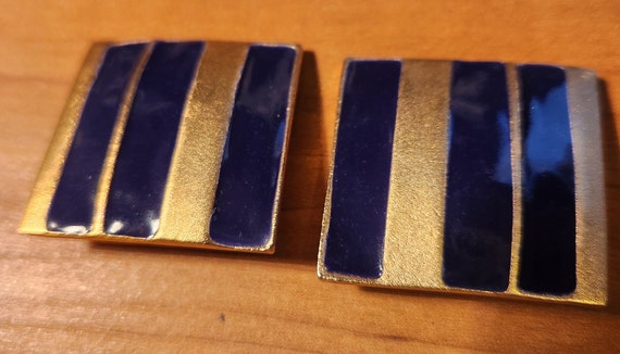 Vintage Large Gold Tone Dark Blue Enamel Square C… - image 1