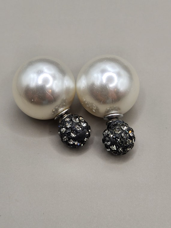 Vintage large Faux Pearl stud earrings with rhine… - image 1