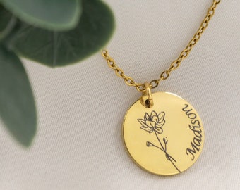 Custom Flower name necklace, Birth Flower necklace, poppy flower, birth flower custom, morning glory, Engrave Rose, sunflower necklace