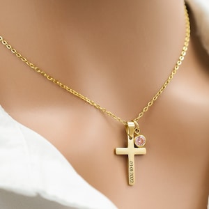 Collar de cruz personalizado con piedra de nacimiento, regalo de confirmación para ella, collar de nombre de cruz, regalo de bautismo, regalos cristianos para bautizo