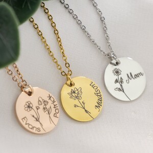Flower Name Necklace, Birth Flower Gift, Birth Necklace, grandma necklace, Best Friend, Birthday Present, Mini Flower Charm, Engraved Flower