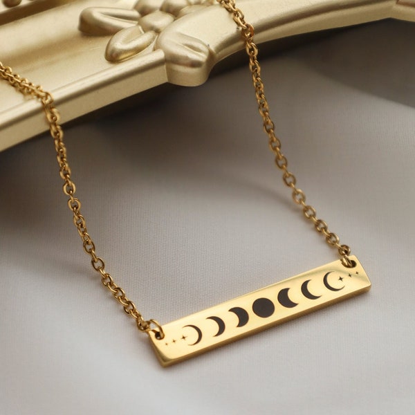Moon Phases Necklace, Lunar Phases, gold bar necklace, Moon Phase Jewelry, Gold Moon Necklace, Half Moon Necklace, Custom Moon Phase