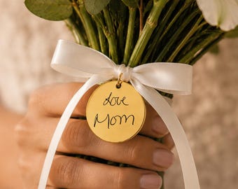 Custom Handwriting Bouquet Charm, Engraved Signature Pendant, Memorial Wedding Gift