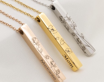 Birth flower bar necklace for women, personalized gift for mom,