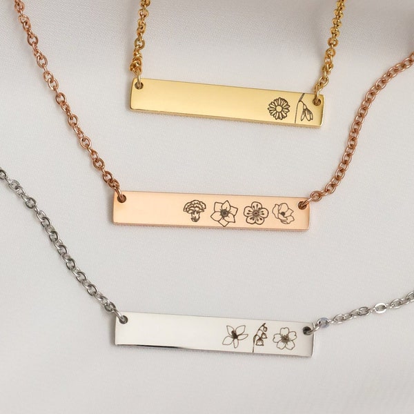 Birth flower necklace, birth month flower, Flower necklace, gold bar necklace, birth flower jewelry, birth month necklace, birth flower gift