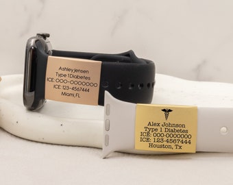 Custom medical ID tag for watch band, alert tag for apple watch band, allergy tag, emergency contacts, diabetes, alert bracelet