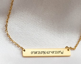 Gold bar Halskette, Koordinaten Schmuck, Breite Länge, Breitengrad Halskette, Gps Halskette, Ort Halskette