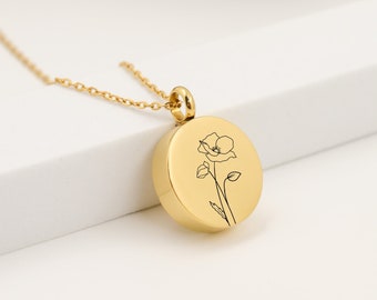 Personalized urn necklace for woman birth flower urn necklace for her, custom urn necklace for human ashes, cremation engraved necklace