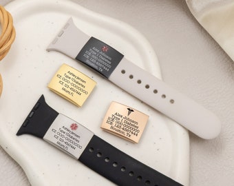 Alert ID tag for watch band engraved, medical ID tag for apple watch band, allergy tag, emergency contacts, diabetes, alert bracelet