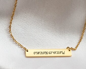 Custom coordinates bar necklace, Personalized Bridesmaids gift, Coordinates Name plate Necklace, custom Wedding Gift, Anniversary Gift