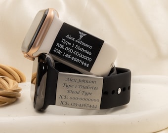 Gepersonaliseerde ID-tag voor horlogeband, gegraveerd medisch ID-tag voor Apple Watch-band, allergietag, contacten voor noodgevallen, diabetes, alarmarmband