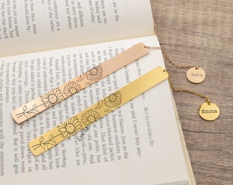 Personalized sunflower metal engraved bookmark, gifts for readers, gift for book lovers, bookmark with custom name, mothers day gift