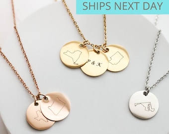 Collar estatal de larga distancia, regalo de relación a larga distancia, collar de amistad, regalo de mejor amigo, collar de graduación personalizado