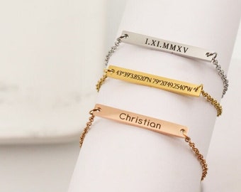 Personalized bar bracelet, name bar bracelet, custom coordinates bracelet, gift for mom, christmas present for her, engraved dainty bracelet